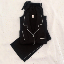 New Sexy Foreign Air Superior Real Silk Slip Black Long Sleeves Long Pants Pyjamas Womens Summer Suit Ice Silk