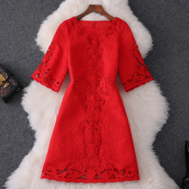 2021 summer new womens expensive red round neck short sleeve hook hollow high waist slim dress dress