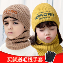 Children Autumn Winter Hat Boy Han Edition Tide Knit Letters Warm Hat Girl Thicken girly Two sets of headcaps Winter