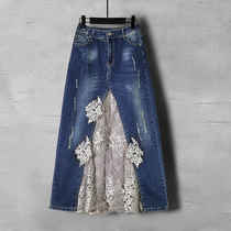 Duoyue 2021 new womens spring stitching lace denim skirt heavy industry fashion high-waisted skirt