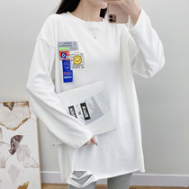 Cotton Spring and Autumn new white long sleeve T-shirt female hole embroidery top loose long size ins base shirt