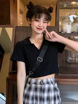 Pure wind design sense v collar black short sleeve T-shirt female summer bm short slim hot girl navel top high waist niche