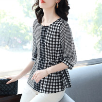 Baoshili middle sleeve houndstooth chiffon shirt 2021 new autumn tide foreign style fashion top Korean womens clothing