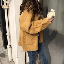 2021 Autumn Winter New Horn Button Knit Cardiovert Hooded Jacket Woman Han Version Loose 100 Hitch Extra-virgin Hairy Woman Tide
