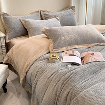 Short fluff four-piece winter coral velvet milk velvet embroidered flannel sheets Double-sided velvet duvet cover bedding