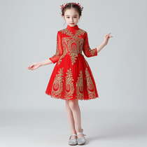 Children Princess Dresses Red Chinese Style Fluffy Yarn Flowers Boy Girls Day Walk Show Evening Gowns small hosts acting out of the autumn