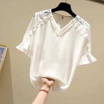 South Korean white snow-spinning shirt short sleeve female summer design fashion V collar temperament lace blouses 100 hitch knitwear
