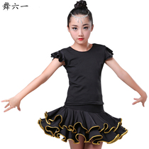 langboer childrens Latin dance clothing Summer girls short-sleeved dress black childrens split skirt dance practice