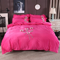 Autumn Winter Warm Crystal Suede Thicken Plus Suede Four Pieces Double Face Suede Towel Embroidered Coral Suede Flannel Suede Kit