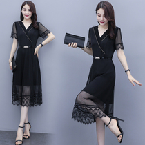 Black lace dress dress Womens summer 2021 new hedfold and elegant goddess Fan temperament in a long skirt