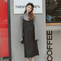 Leather sling skirt vest new Korean loose split skirt long dress Puskin skirt base skirt long skirt