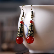 Original ethnic jewelry carved bronze jewelry natural red agate long earrings earrings special gifts