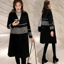 Woolen coat womens medium length thickened cotton size fat mm autumn and winter temperament stitching thousand bird grid wool jacket