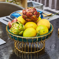 Creative Nordic light luxury style metal fruit plate home living room coffee table American high-grade dark green ceramic fruit plate decoration