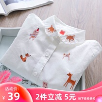 Muers family girl embroidered cotton shirt childrens Joker white base shirt childrens lapel long sleeve shirt New