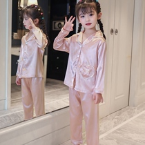 Emulation Silk Child Sleepwear Big Code Middle Child Long Sleeve Baby Girl Ice Silk Spring Autumn Season Silk Suit Home Clothing