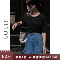 GUIER lace denim shorts female slim 2022 new summer loose high waist display slim hot pants