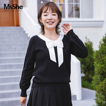 MsShe plus size womens clothing 2021 new fat mm autumn and winter bow V collar Micro flash design feel imitation rabbit wool sweater