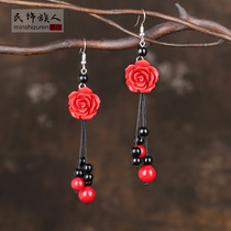 Bride jewelry National style original handmade earrings lacquer carved rose tassel long earrings Jewelry earrings