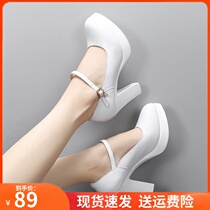 Leather cheongsam model waterproof single shoes white wedding dress size 40-43 yards thick heel high heel catwalk shoes womens shoes