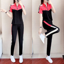 MMQ Summer Sports Suite Woman 2022 New Fashion Color Color Line Ice Wire Short Sleeve Trouser two pieces