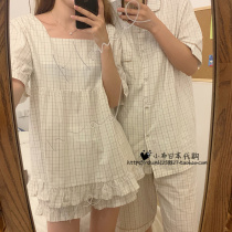 Japanese galato lovers sleepwear womens summer minimalist cotton numb checkered short sleeve sweet home suit suit