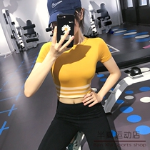 Yoga clothing womens top sexy short open navel summer tight Stripe slim quick-drying Sports Net Red quick-dry T-shirt