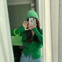 2021 spring new short double-row buttoned candy color knit cardiovert woman bubble sleeve V collar design sweater jacket