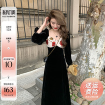 French autumn and winter black gold velvet dress female Hepburn collects thin and gentle style retro dress long dress