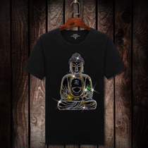 Pure cotton lycra summer new T-shirt mens Shakyamuni Buddha statue hot diamond short-sleeved T-shirt mens plus size t-shirt slim tide