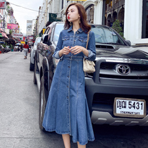 Denim Dress Dress Mid Dress Woman 2022 Spring new Korean version Fashion collection waist Long sleeves Leisure temperament Long dress Chaos