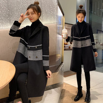 Woolen coat womens long paragraph cotton thickened loose 2021 autumn and winter New thousand bird grid woolen cloth coat Hepburn wind
