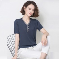Mom summer V-neck short-sleeved top womens T-shirt large size loose ice silk knitted middle-aged short shirt Western style thin section