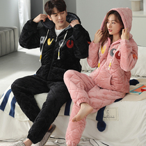 Couple Cotton Pyjamas Women Winter Warm Thickening Plus Suede Three Layers Coral Flannel Clip Cotton Mens Cartoon Cute Suit Men