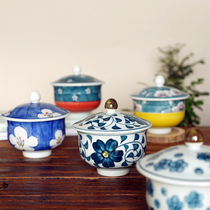 Japanese hand-painted flowers small cover cup small Cup Bowl dessert birds nest bowl steamed egg cup Cup with lid tea cup high foot cover Cup