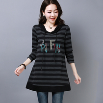Pure cotton t-shirt womens long 2021 European goods new belly-covering base shirt Western style striped half-sleeve hooded sweater thin