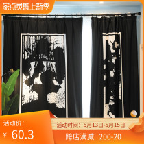 Custom long cord coarse hemp modern splashdown Chinese font black and white decorated bedroom living-room hooks perforated shading curtains