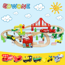 EDWONE wooden children's assembling model electromagnetic remote control train wood rail car dinosaur small train toy