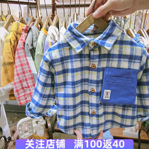 Boy plus velvet shirt Korean version of childrens woolen plaid shirt foreign boy autumn and winter handsome baby warm coat