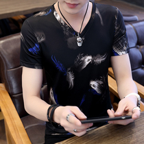 Fugui bird summer ice silk short sleeve t-shirt male v collar Korean version trendy 100 lap breathable mens half-sleeve body shirt