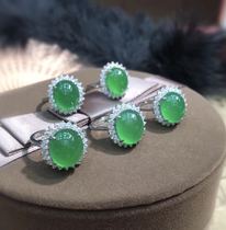 Style exquisite and fresh Joker s925 silver inlaid natural green chalcedony female ring naked stone Dai Fei ring ring