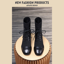 Leather Martin boots Womens 2021 autumn and winter fashion new lace-up thick heel slim knitted elastic socks boots small short boots