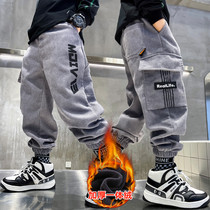 Boys plus velvet pants autumn and winter one velvet middle and big children children thick winter corduroy trousers boys overalls