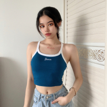H home vintage indigo blue letter embroidered sling small vest female ins cross beauty back short undercover top