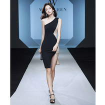 Black evening dress female 2022 new banquet temperament one-shoulder sexy formal occasion small man dress high-end