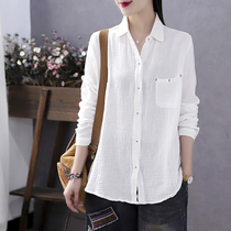Han Suoyi retro art Autumn Spring new womens long sleeve cotton yarn solid color shirt Womens base shirt thin