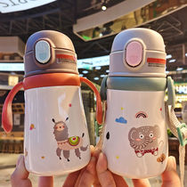 Childrens thermos cup with straw 316 stainless steel thermos cup handle strap dual-use male and female student baby kettle