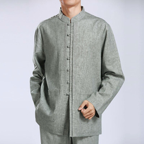 Linen Tang suit mens autumn long sleeve jacket ethnic style Chinese shirt dad dress large size gray non-iron