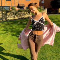 H home retro American pastoral girl floral small suspender lace stitching off-shoulder wooden ear vneck vest short top