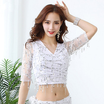 Belly dance performance clothing female adult new Oriental dance suit top sequin tassel strap short-sleeved top summer